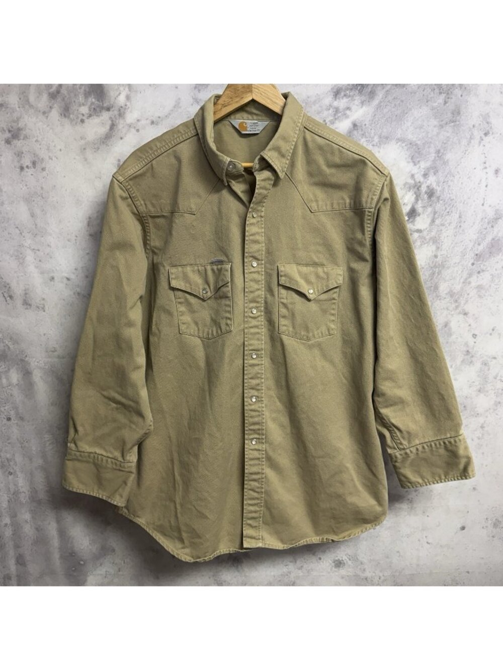 VTG Carhartt Rugged Outdoor Wear Pearl Snap Shirt Beige Canvas 2XL Workwear